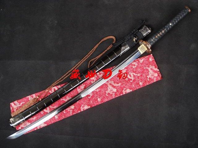 Clay Tempered Japanese Tiger Tsuba Katana Sword Black Sanmai Blade