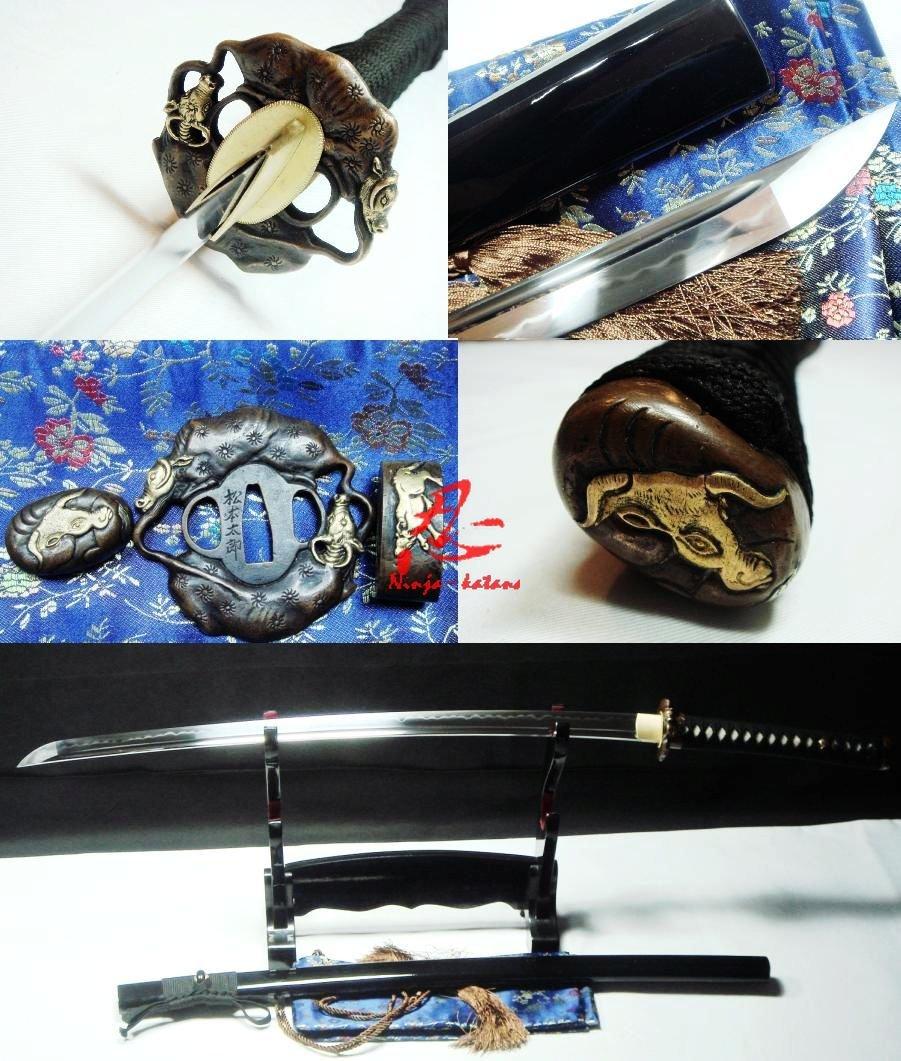 Hand Forged Japanese Samurai Katana Ox Tsuba Clay Tempered Sanmai Sharpened Blade